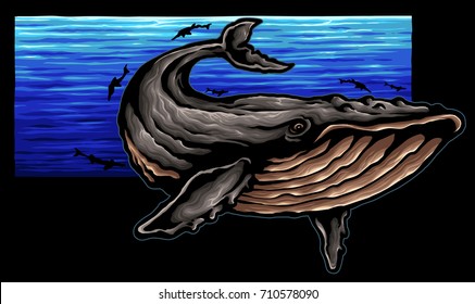 vector illustration of whale in the deep blue sea