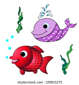 Vector illustration of whale ,fish and seaweed 