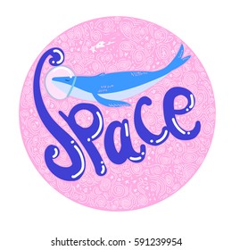 Vector illustration of whale floating in outer space. Bright pink colors. Whale cosmonaut.