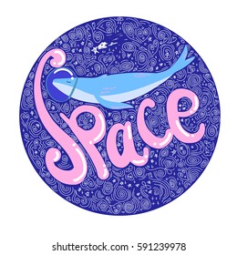 Vector illustration of whale floating in outer space. Bright blue and pink colors. Whale cosmonaut.