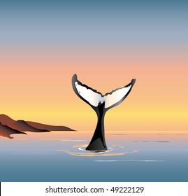 A vector illustration of a whale fluke above the water at dusk