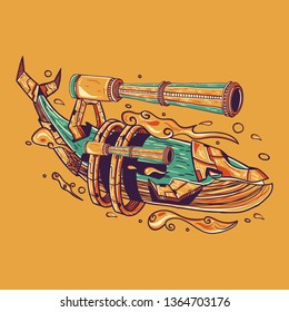 Vector illustration. Whale guns in orange background. For t-shirt design, poster, sticker.