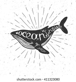 vector illustration with whale, nautical illustration with hand drawn lettering, vector whale silhouette