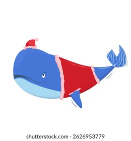 vector illustration of a whale in a New Year's costume with a cap on its nose. The theme of holidays and children's illustrations