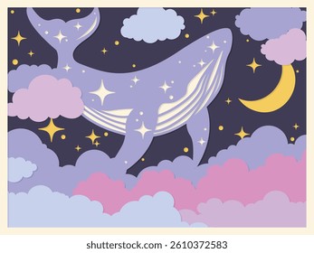 vector illustration of a whale in the night. Layered paper cut style, Shadow Box 