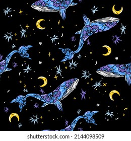 Vector illustration of a whale, ocean, month, stars, waves, sky, flowers. illustration t-shirt print graphic design - Vector.