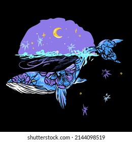 Vector illustration of a whale, ocean, month, stars, waves, sky, flowers. illustration t-shirt print graphic design - Vector.