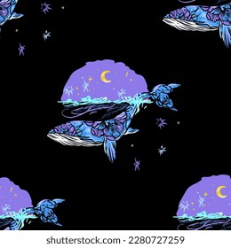 Vector illustration of a whale, ocean, month, stars, waves, sky, flowers. illustration t-shirt print graphic design - Vector.