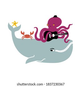 Vector illustration with whale, octopus playing acoustic guitar, dancing crab and starfish. Music party flyer template design, ocean concert with animals