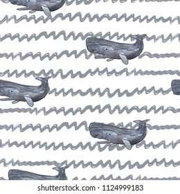 Vector illustration. Whale on striped background. Print design. Element of seamless pattern.