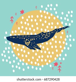 Vector illustration of a whale with ornament inside. Abstract image, print.