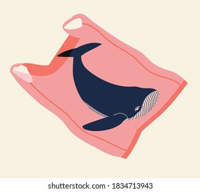 Vector illustration of a whale in a pink plastic bag in the beige sea. Concept of recycling plastic, ecology, zero waste. Hand-drawn colorful ecology illustration. Say no to plastic bags. 