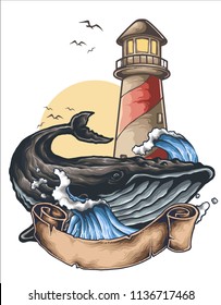 vector illustration of whale in the sea ocean waves with lighthouse and banner