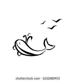 Vector illustration of whale with seagulls in the sky. Save the ocean concept. Eco plastic free design