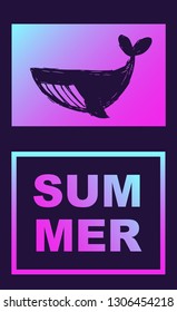 Vector Illustration of Whale Summer Poster with Synth or Retro Wave Style. Graphic Design for Background, Template or Layout. 