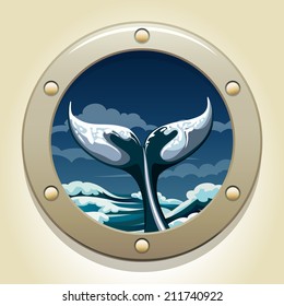 A Vector Illustration Of Whale Tail In A Ship Window