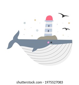 Vector illustration of whale with tower of lighthouse and flying birds on white background
