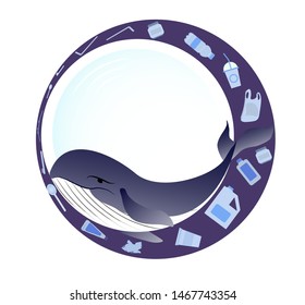 vector illustration of a whale trapped inside bubble, surrounded with plastic waste