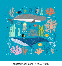 vector illustration with whales and different colorful seaweeds and corals. Beautiful under the sea poster with whales