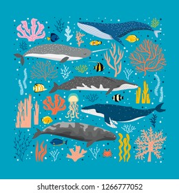 vector illustration with whales and different colorful seaweeds and corals. Beautiful under the sea poster with whales