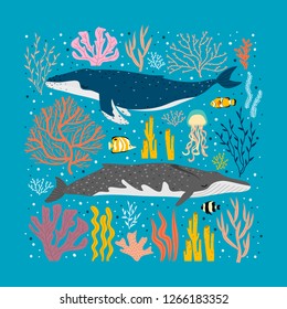 vector illustration with whales and different seaweeds and corals. Beautiful under the sea poster with marine mammals