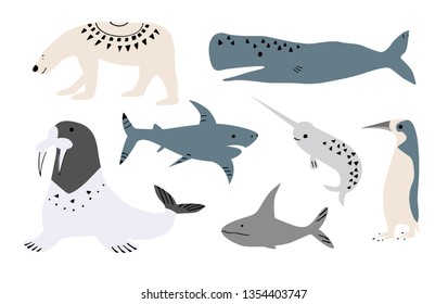 Vector illustration of whales, fish such as narwhal, Blue whale, penguin, Beluga, humpback whale, sperm whale and shark, walrus, Navy seal. Isolated on white