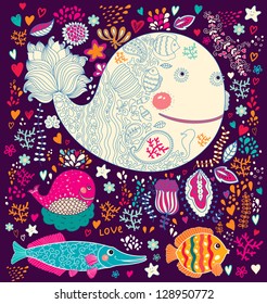 Vector illustration with whales and fishes