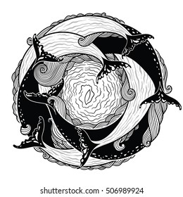 Ilustración vectorial con ballenas formando un círculo. Esta ilustración trata sobre la Asistencia de nuestras almas gemelas, maestros y guardias