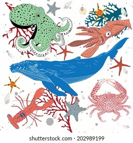 Vector illustration of whale,squid, starfish,lobster,crab,coral and starfish