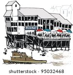 Vector illustration of wharf restaurant and tug, New Orleans USA