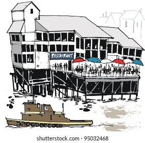 Vector illustration of wharf restaurant and tug, New Orleans USA