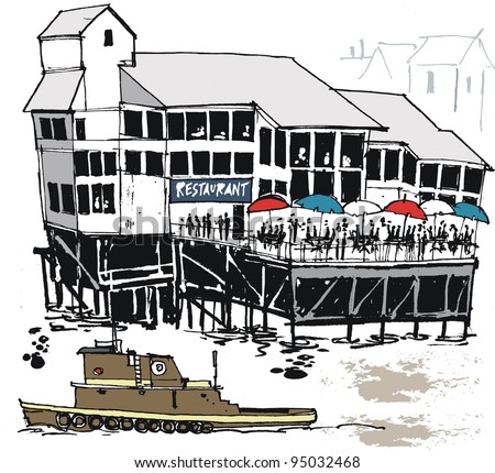 Vector illustration of wharf restaurant and tug, New Orleans USA