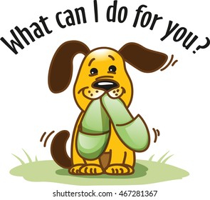 Vector illustration "What can I do for you?" with funny cartoon dog brings slippers to its owner.
