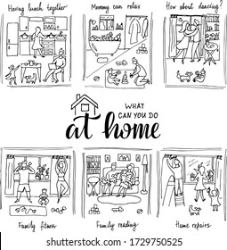 Vector illustration of what can you do at home lettering with doodle drawings for banner, social advertisement, flyer, web design. Handwritten text and graphics for digital use or print