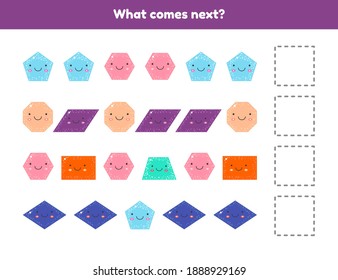 Vector illustration. What comes next. Continue the sequence. Geometric shapes. Worksheet for kids kindergarten, preschool and school age.