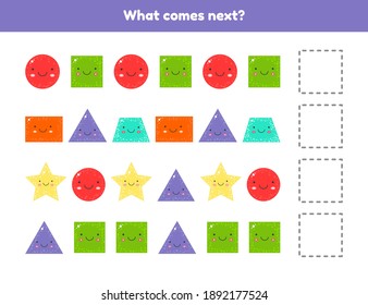 Vector illustration. What comes next. Continue the sequence. Geometric shapes. Worksheet for kids kindergarten, preschool and school age.