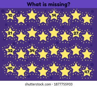 Vector illustration. What is misssing number. Worksheet for kids kindergarten. preschool and school age. Stars.