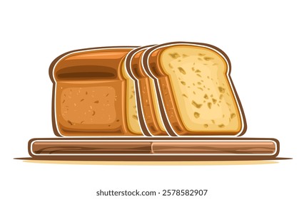 Vector illustration of Wheat Bread, horizontal poster with cartoon design milk sliced loaf, decorative placard with half and pieces homemade bread on wooden cutting board on white background