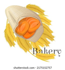 Vector illustration with wheat bread, which lies in a bag against the background of wheat ears. Concept bakery products, grain crops, agricultural production.