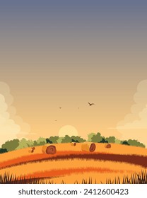 Vector illustration. Wheat field, barley field. Tourist poster, postcard, banner.