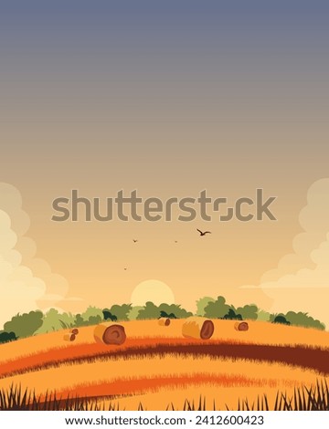 Vector illustration. Wheat field, barley field. Tourist poster, postcard, banner.