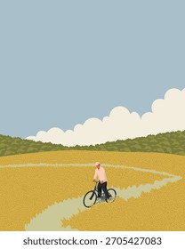 Vector illustration. Wheat field, cyclist, village. Poster, banner, cover, postcard.