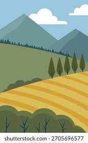 Ilustração vetorial de campo de trigo, plantação de colinas, paisagem, fundo vertical, flyer ou brochura capa