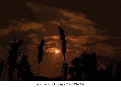 Vector illustration of Wheat field silhouette at sunset
