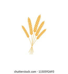 vector illustration of wheat, rye or barley ears with whole grain, yellow wheat, rye or barley crop harvest symbol or icon isolated on white background.