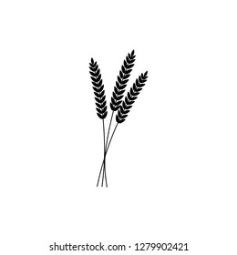 vector illustration of wheat, rye or barley ears whole grain, black silhouette symbol icon isolated on white background.