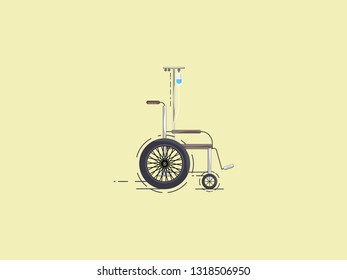 Vector illustration of Wheel chair with IV drip on old retro yellow background. Nobody. Disable medical concept.Minimal. 