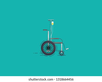 Vector illustration of Wheel chair with IV drip on old retro green background.Nobody.Disable medical concept.Minimal. 