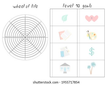 Vector illustration with Wheel of Life - diagram with blank lines to fill. Printable A4 paper sheet for coaching tool, bullet journal page, daily planner template, blank for notebook