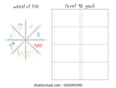 Vector illustration with Wheel of Life - diagram with blank lines to fill. Printable A4 paper sheet for coaching tool, bullet journal page, daily planner template, blank for notebook
